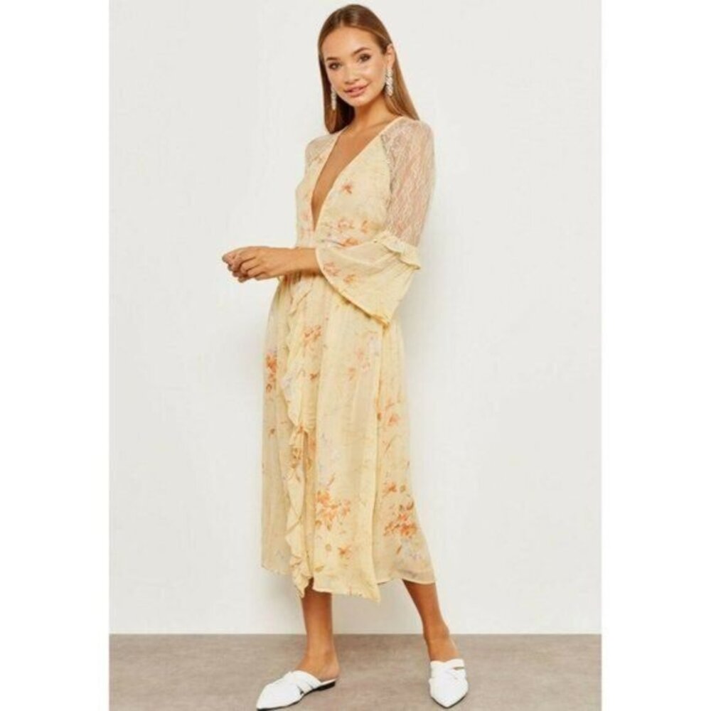TOPSHOP Floral Print Skater Dress Lace Rhinestones Ruffle Midi Dress SZ 8 US NEW